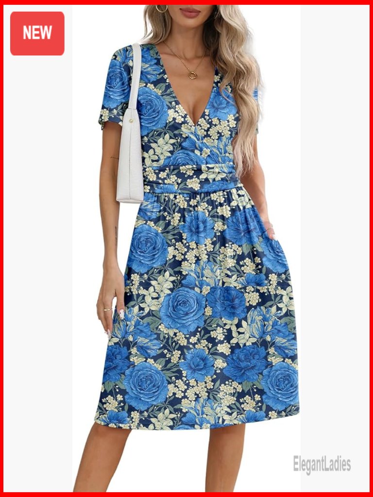 Casual Short Sleeve Wrap V Neck Midi Dress With Pockets